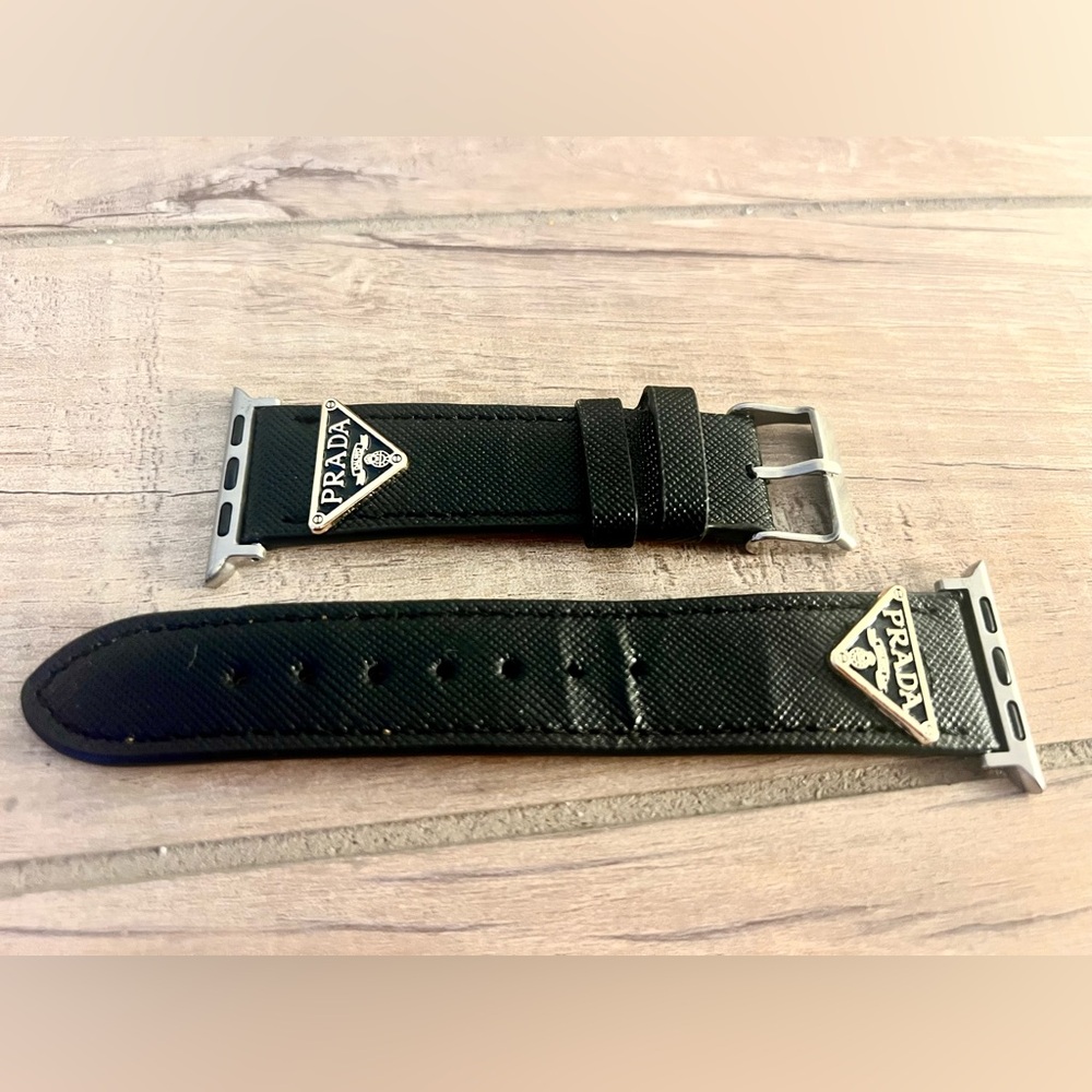 Prada Saffino Leather iWatch band/bracelet. Black w Gold Logo. 38mm, 40mm, 41mm